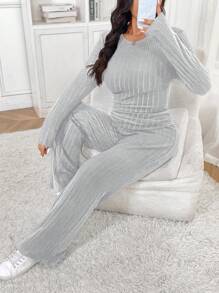 SHEIN Frenchy Plus Size Round Neck Long Sleeve Casual Top And Pants 2 Pieces Set