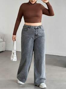 EURMUSE WOMEN PLUS SIZE HIGH WAIST RISE WIDELEG CUT Wide Leg Jeans - Grey - View 5