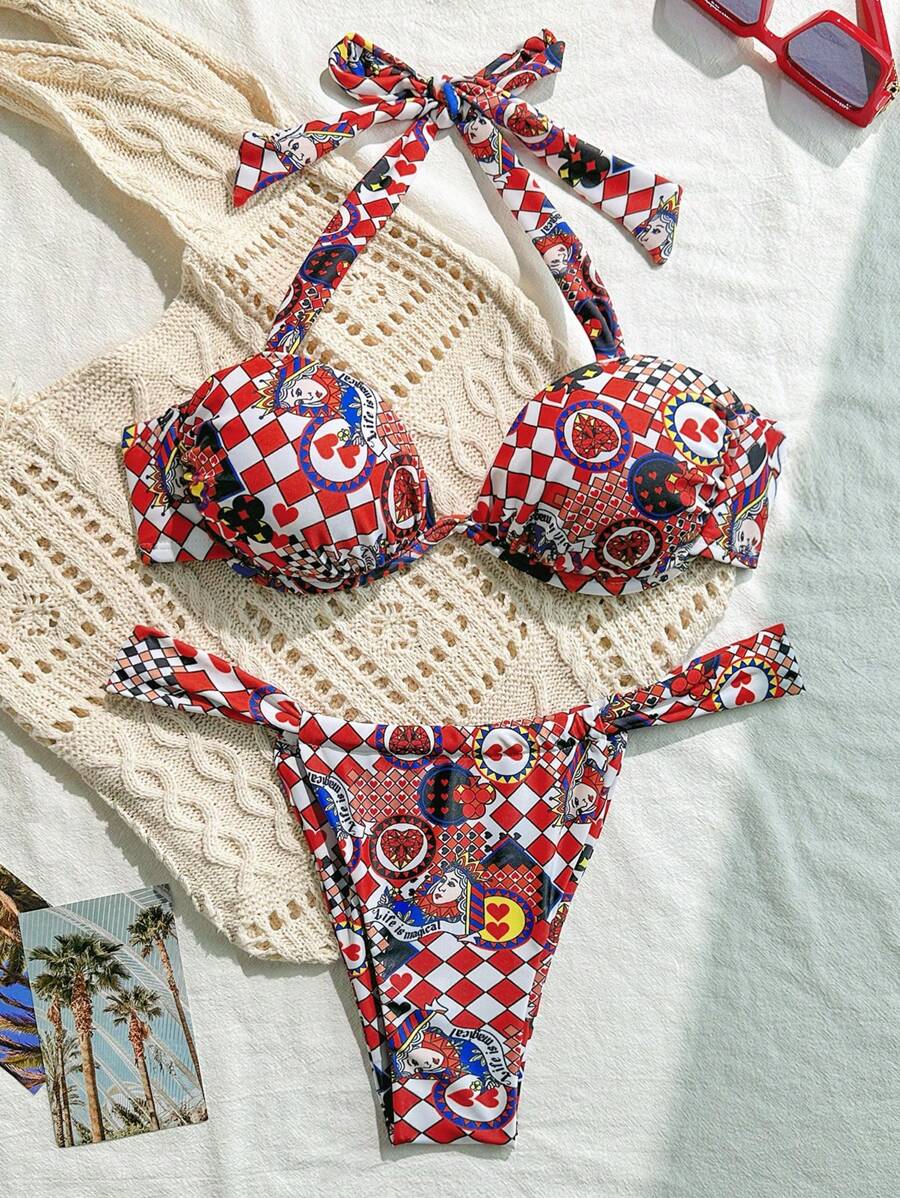 Soleia 2pcs/Set Women's Colorful Playing Card & Geometric Print Ruched Tie Bow Bikini For Holiday, For Summer Beach Vacation