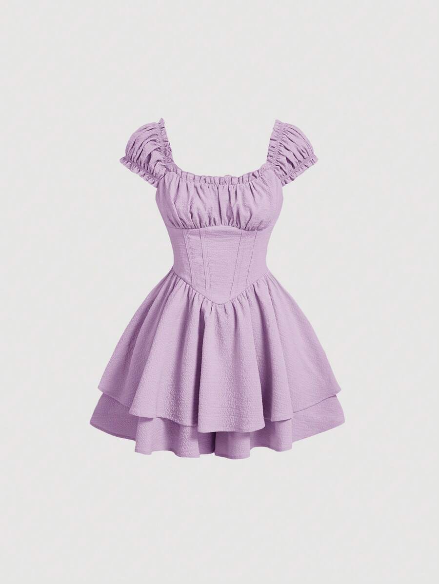 SHEIN MOD 纯色荷叶边饰边褶皱胸围荷叶边下摆白色盖袖双下摆短裙连体衣 - 紫丁香色 - 查看 1