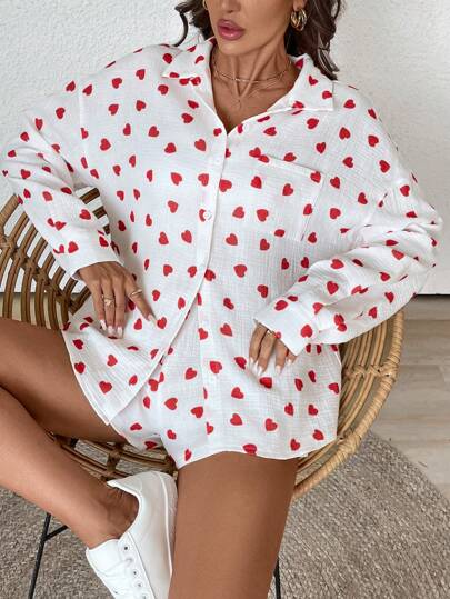 SHEIN LUNE 2pcs Women Casual Heart Printed Drop Shoulder Long Sleeve Shirt And Shorts Set Fall Cloth For Women