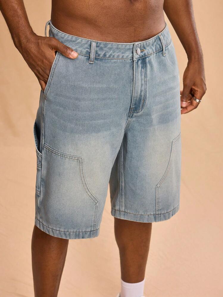 Forever 21 男士时尚百搭带口袋牛仔短裤，外出纯色宽松浅蓝色牛仔短裤，适合丈夫、男朋友的礼物 - 淺色水洗藍 - 查看 6