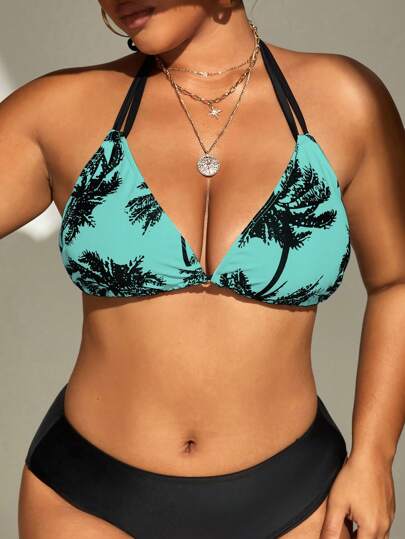 Swim Vcay Top de bikini con cuello de halter, estampada y ajustable para mujer talla grande, ropa de playa casual