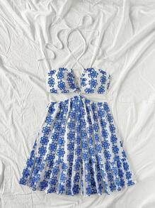 Soleia Holiday Spaghetti Strap Hollow Out Backless Blue Floral Print Dress - Blue and White - View 4