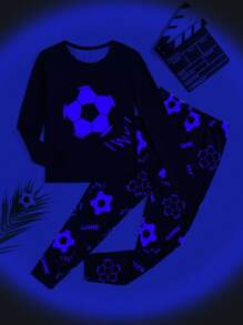 SHEIN Leap Crew Tween Boy Glow-In-The-Dark Football Printed Crew Neck Long Sleeve Top And Snug Fit Long Pants Casual Comfortable Pajamas Set