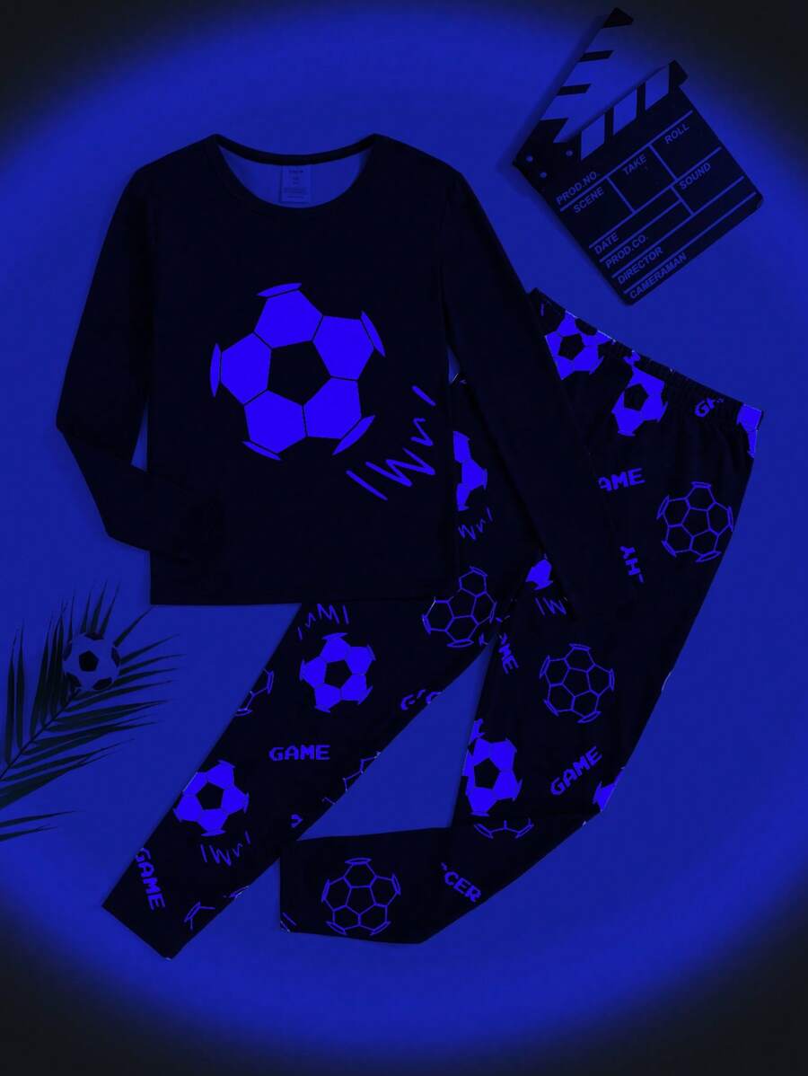 SHEIN Leap Crew Tween Boy Glow-In-The-Dark Football Printed Crew Neck Long Sleeve Top And Snug Fit Long Pants Casual Comfortable Pajamas Set