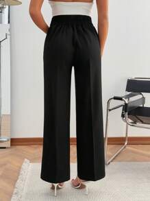 EURMUSE Women's Solid Button Accessory Detailed Elegant Pants - Black - View 2