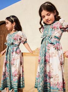 Young Girl Floral Print Tie Front Patchwork Short Sleeve Dress