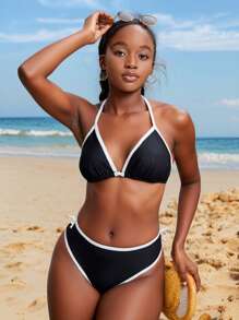 SHEIN Teen Girls Spring & Summer Girls Swimwear Knitted Black & Apricot Bow Contrast Suspender Bikini Two-Piece Swimwear Set, Vacation Style, Holiday, Black & White, Beach Clothes - Black and White - View 3