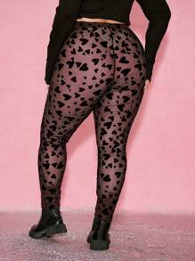 SHEIN EZwear Plus Size Sheer Heart Fishnet Leggings,Valentine Day