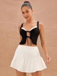 L'Amorae Elegant Tie Front Sleeveless Contrast Frill Detail Vacation Tank Top, Summer For Women - Black and White - View 5
