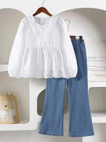 青少年女孩休闲日常圆领长袖纯色刺绣衬衫和松紧腰喇叭腿牛仔裤春季服装 - 白色 - 查看 2