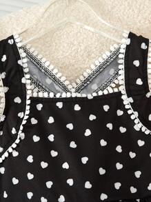 适合年轻女孩的方形领口爱心印花无袖休闲连衣裙 - 黑與白 - 查看 4