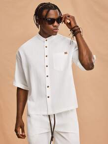 Forever 21 Texture All-Match Stand Collar Short Sleeve Shirt