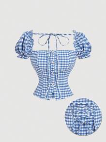SHEIN MOD Camisa de mujer con mangas abullonadas, botones y volantes en la barra en estampado de cuadros azules y blancos, atuendo para vacaciones, fiesta de té, concierto de música country