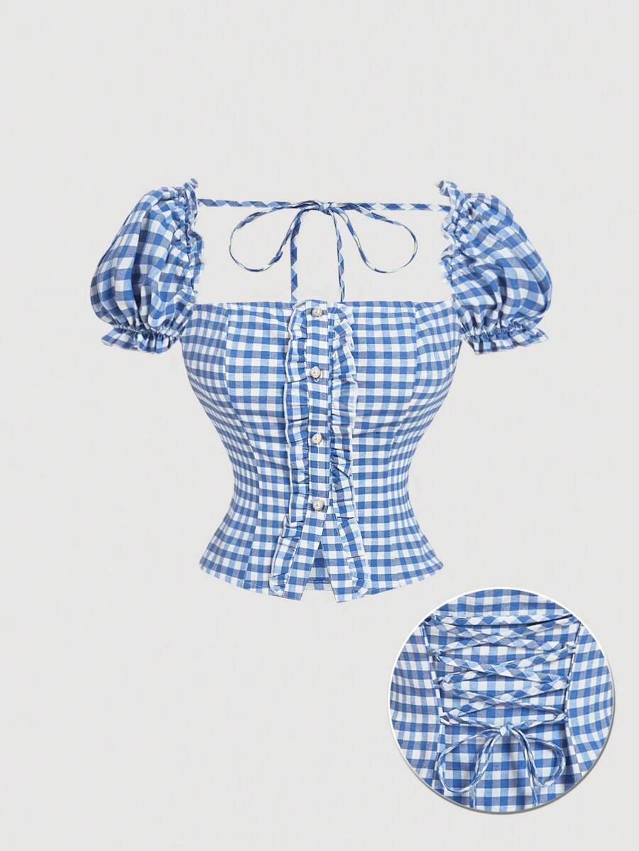 SHEIN MOD Camisa de mujer con mangas abullonadas, botones y volantes en la barra en estampado de cuadros azules y blancos, atuendo para vacaciones, fiesta de té, concierto de música country