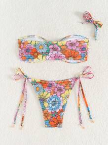 SHEIN Swim 2 件套春假波西米亚风印花扭纹前抹胸比基尼套装，节日波西米亚风 - 彩色 - 查看 2