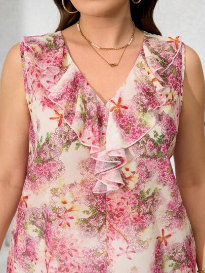 SHEIN Clasi Spring And Summer Women's Plus Size Pink Translucent V-Neck Sleeveless Chiffon Shirt With Ruffle Trim, Elegant And Romantic, Suitable For Daily Wear Shirts Women Shirts Women Pink Shirts Summer Shirts Fun Shirts Cute Shirts