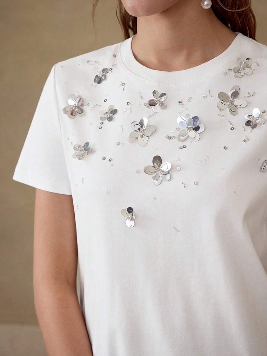 MOTF T-SHIRT À MANCHES COURTES AVEC FLEURS SEQUIN