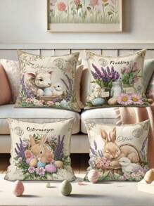4 pièces Housses de coussin décoratif de Pâques en velours avec lapins, œufs de Pâques, moutons floraux. Amusantes et vintage en violet et brun. Impression unilatérale 45x45cm/18x18po pour la décoration du salon, de la chambre à coucher et du canapé au printemps. Sans les inserts de coussin.