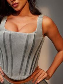 Denimoi Vintage Wash Square Neck Denim Corset Top