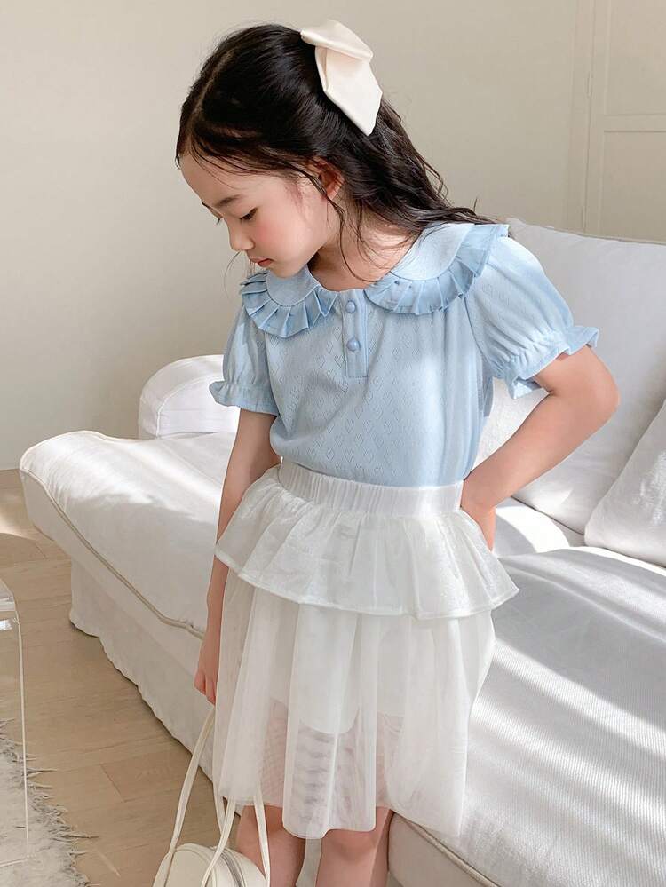 Young Girl's Solid Color Peter Pan Collar Top And A-Line Skirt 2pcs Set, Casual,Girls Summer Outfits