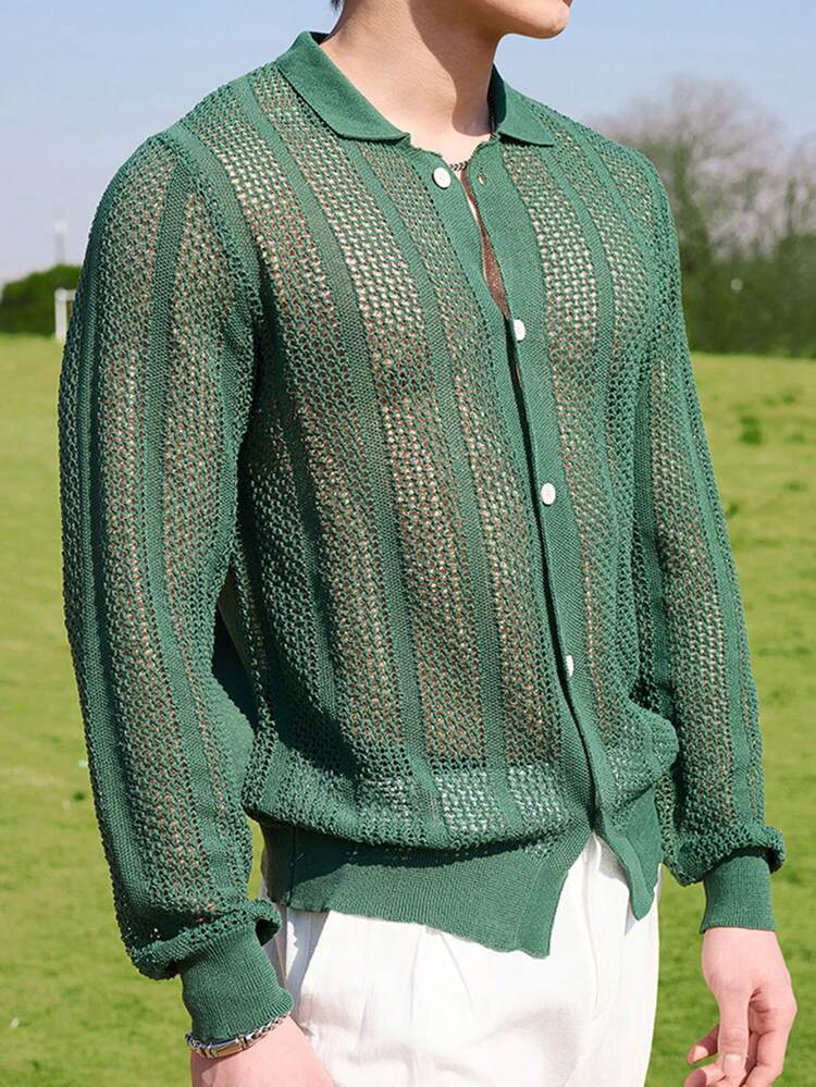 Manfinity CasualKnits Men's Solid Color Long Sleeve Single-Breasted Hollow Out Casual Hollow Out Loose Cardigan, Suitable For Spring And Autumn Seasons - Multicolor - View 4