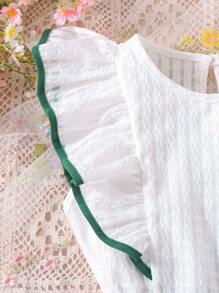 3pcs Tween Girls Textured Fabric Frill Trim Sleeveless Blouse With Green Shorts, Summer Vacation Outfit With Bonus Sun Hat - White - View 5