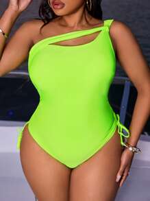 Slaydiva 1 pieza Traje de baño de una sola pieza con pliegues en color verde neón talla grande con cordón para mujer, para verano y vacaciones en la playa - Verde - Ver 3