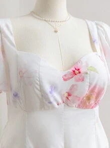 Soleia Plus Size Women Placement Floral Sweetheart Neck Ruffle Trim Short Sleeve Patchwork A-Line Dress - Multicolor - View 6