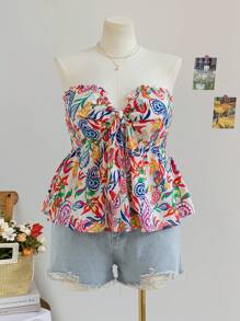 Soleia 大码女式度假返校装娃娃装上衣，波西米亚风花卉印花可爱系带短款上衣