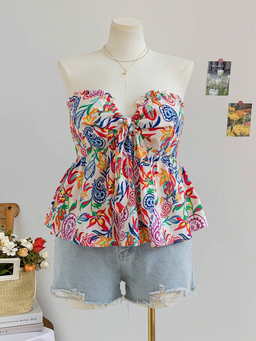 Soleia 大码女式度假返校装娃娃装上衣，波西米亚风花卉印花可爱系带短款上衣