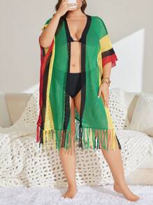 SHEIN Swim Curve 大码女式宽松流苏下摆条纹镂空罩衫和服，适合度假、夏季海滩 - 綠色 - 查看 3