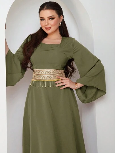 Modelyn 勃艮第红色时尚女式流苏细节编织腰带拼接连衣裙，优雅晚会超长端庄长袖连衣裙长款晚礼服