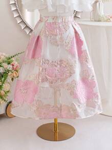 SHEIN Leap Crew Tween 女童欧根纱花朵提花褶皱腰荷叶边下摆裙，锦缎提花设计裙，适合花园茶会、春季郊游和度假 - 彩色 - 查看 11