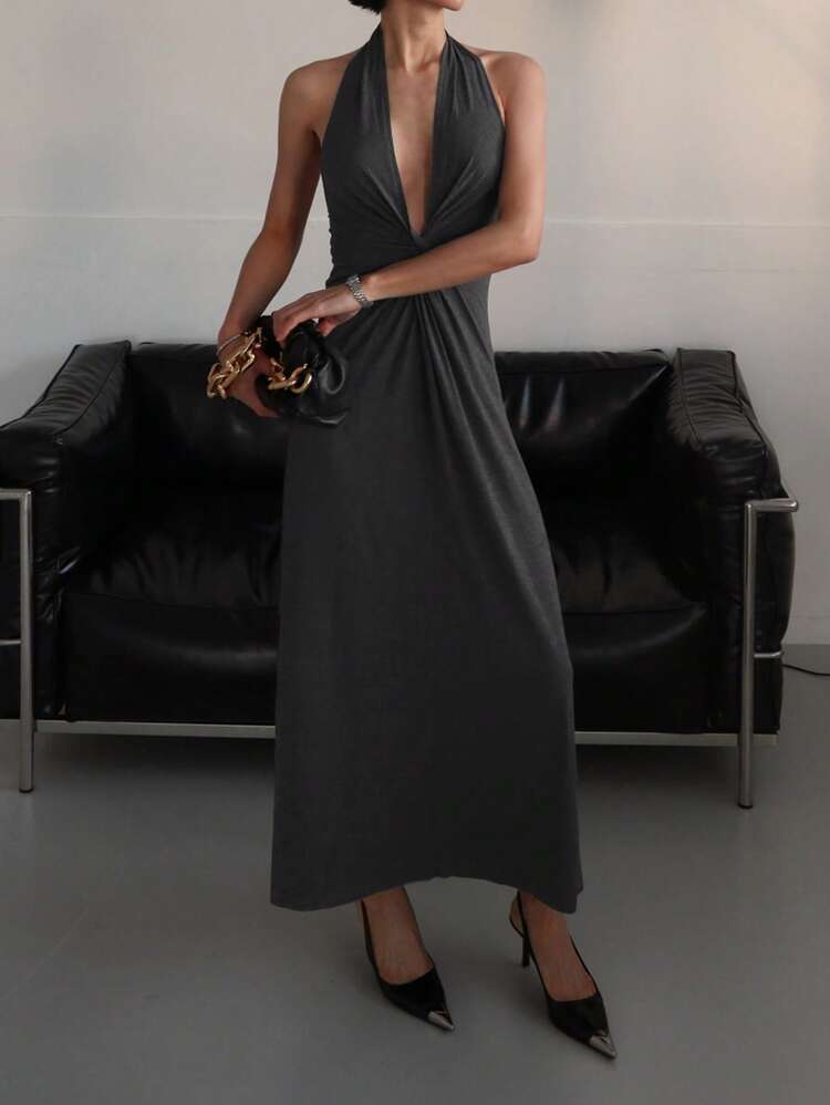 Women's Solid Color Bodycon Twist Halter Backless Vacation Casual Dress, Summer Party Women Sundress Homecoming Dresses Maxi Dress