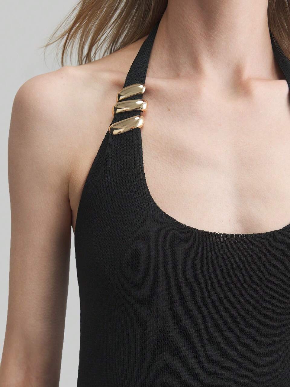 Women's Black Bohemian Style Backless Tie Up Metal Decor Long Knit Dress, Resort Wear