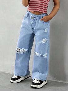 Young Girl Ripped Distressed Casual Fashionable Slant Placket Denim Straight Jeans
