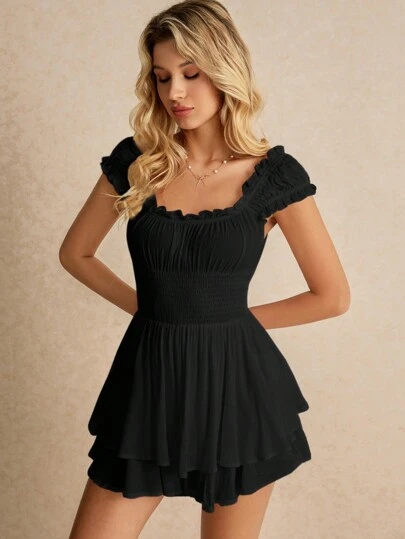 Poéselle Women's Summer Casual Solid Color Shirred Cinched Waist Jumpsuit Cute Jumpsuit Jumpsuit Women Rompers Ruffle Rompers Summer Wedding Women Dresses Graduation Rompers Short Rompers Tea Party Attire Concert Rompers