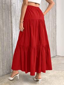 SHEIN Privé Women's Vacation Solid Color Elastic Waist Ruffle Hem Casual Red Midi Skirt