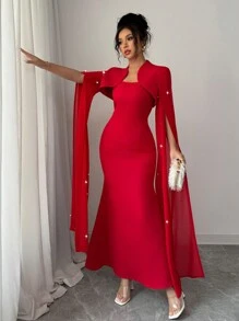 Rafferiza 2 piezas Vestido elegante rojo de mujer de tubo con tirantes de espagueti, decoración de cuentas, tren y capa desmontable - Rojo - Ver 4