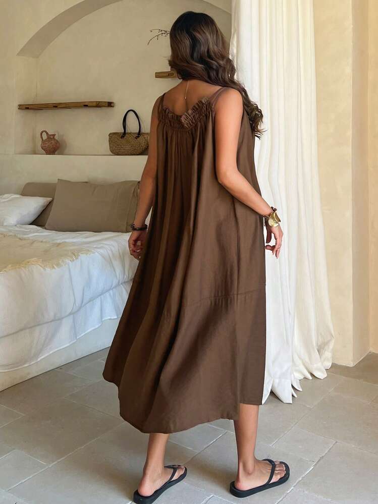 DAZY Boho Oversized A-Line Flounce Hem Cami Dress For Women, Loose Beach Resort Style,Casual Women Dresses - Brown - View 2