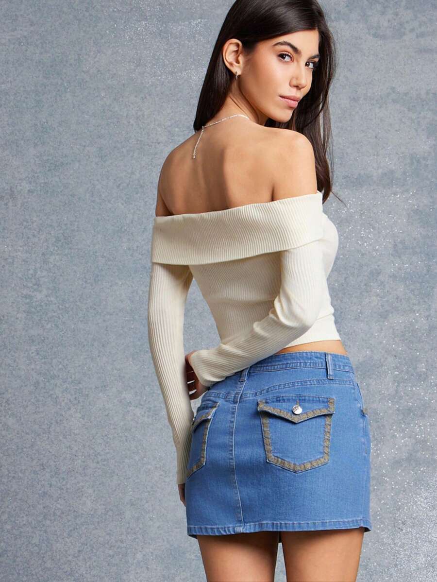 WESTFADE Mid Rise Western Embroidered Back Pocket Denim Mini Skirt Cowgirl - Medium Wash - View 1