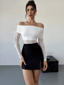 Firerie Blusa de encaje elegante y sencilla con hombros descubiertos de manga larga y elástica, ideal para una cita romántica el Día de San Valentín