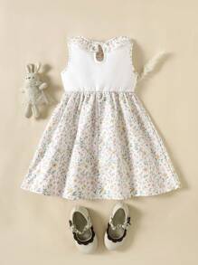 SHEIN Young Girl Ditsy Floral Ruffle Hem Round Neck Cute Sleeveless Dress - Multicolor - View 2