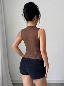 Chiquease Nueva Top de punto transparente con escote halter, sin mangas, con moño, ajustada, para primavera/verano