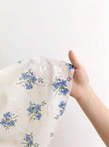 Dreamara Plus Size Women Sweetheart Neck Bowknot Tied Ruffle Cap Sleeve Back To School Casual Cute Lunch Blue & White Embroidered Blouse - Multicolor - View 10