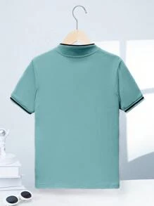 SHEIN Tween Boy's Varsity Collar Pattern Knit Short Sleeve Polo Shirt