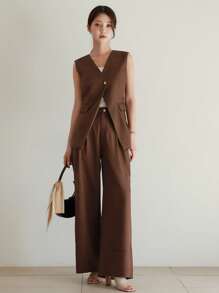 DAZY 2pcs Women Spring/Summer Elegant Set: Fitted V-Neck Vest & Wide Leg Pants In Solid Color