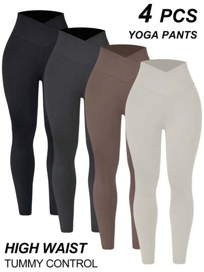 Easithlete 4 Stück Damen einfarbige lässige Skinny Leggings mit Kreuzgurt-Taille für Yoga